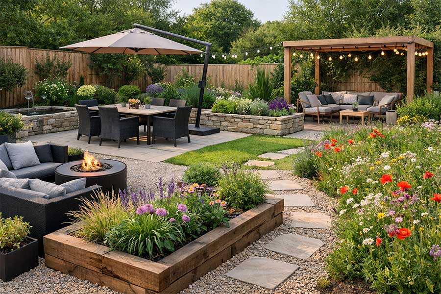 Lovely landscaped garden with a mixture of hard and soft landscaping for a more natural look