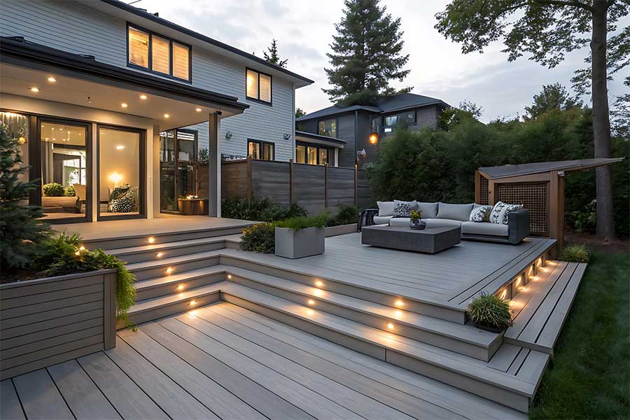 Multi-level decked entertaining areas in a modern back garden