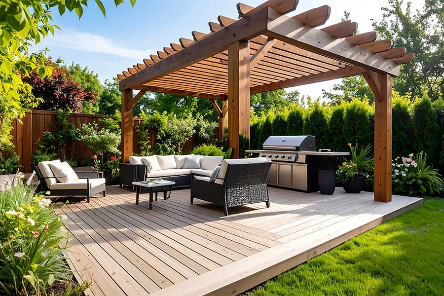 2026 garden design trends will include outdoor entertaining rooms such as this raised deck area with pergola for shade