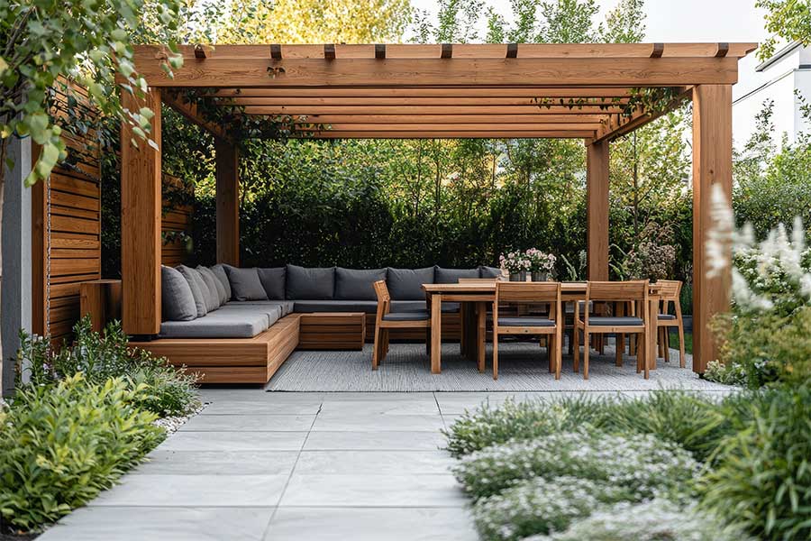 This large pergola makes a lovely entertaining space with shade in this smart garden