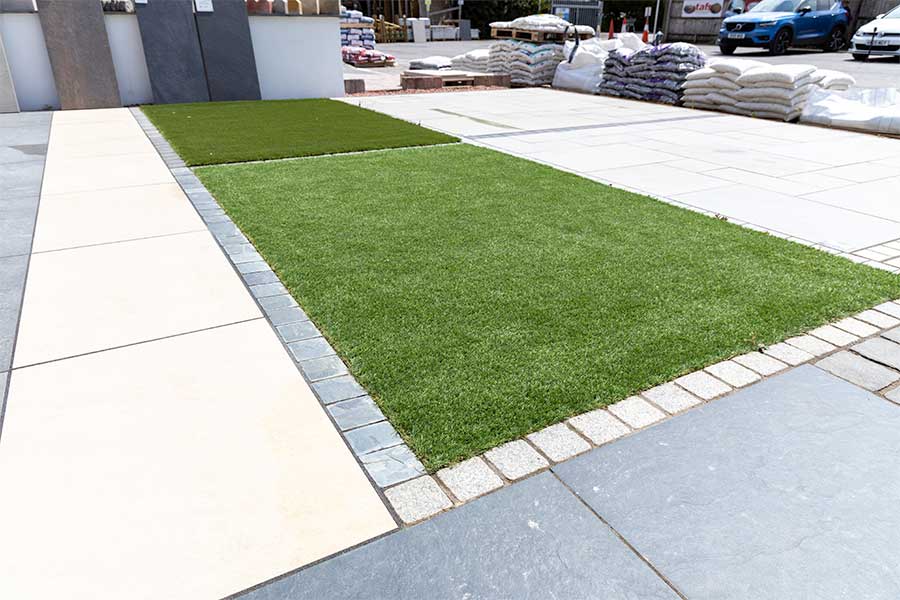 Different types of installed artificial turf on display at AWBS in Yarnton Oxfordshire