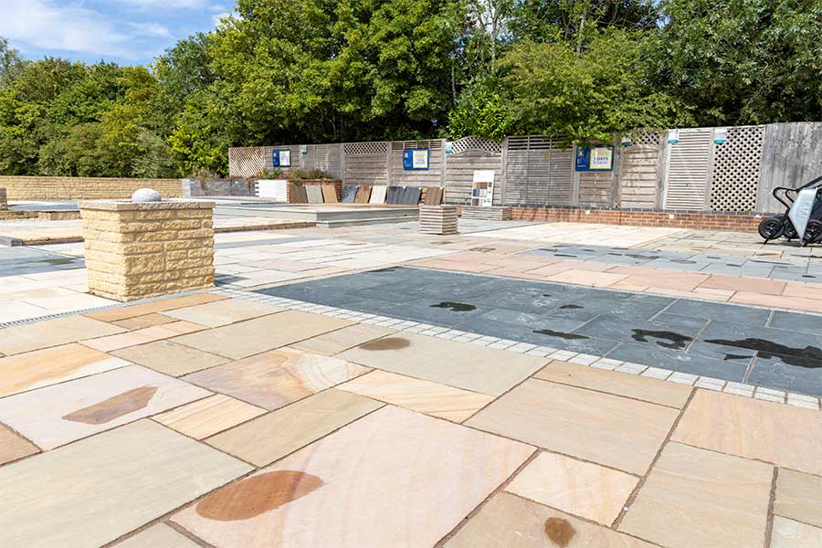 Huge displays of installed natural stone and porcelain paving in the display garden at AWBS in Yarnton Oxfordshire