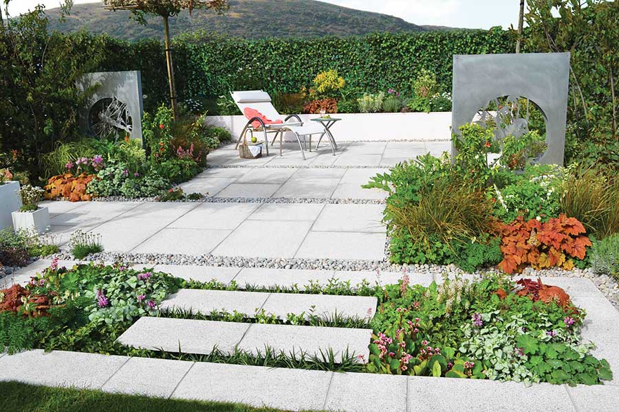 Modern patio featuring white Digby Ice granite paving