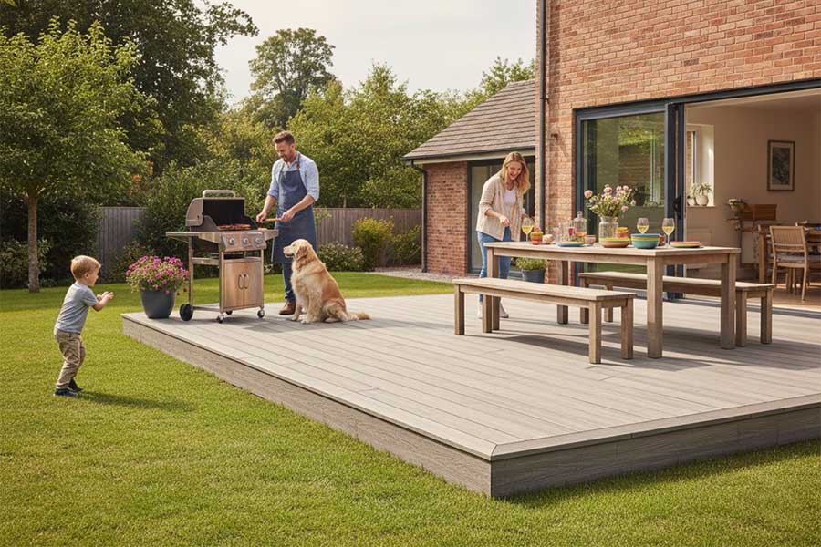 Large garden deck clad with NewTechWood Coastal Grey plastic decking bards