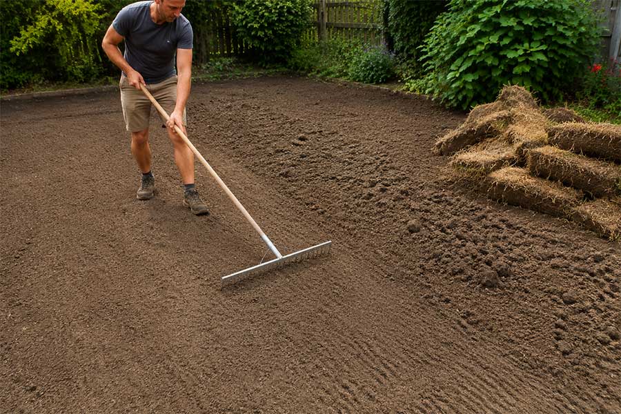 Gardener removing turf from a dead lawn and adding new soil before laying new turf