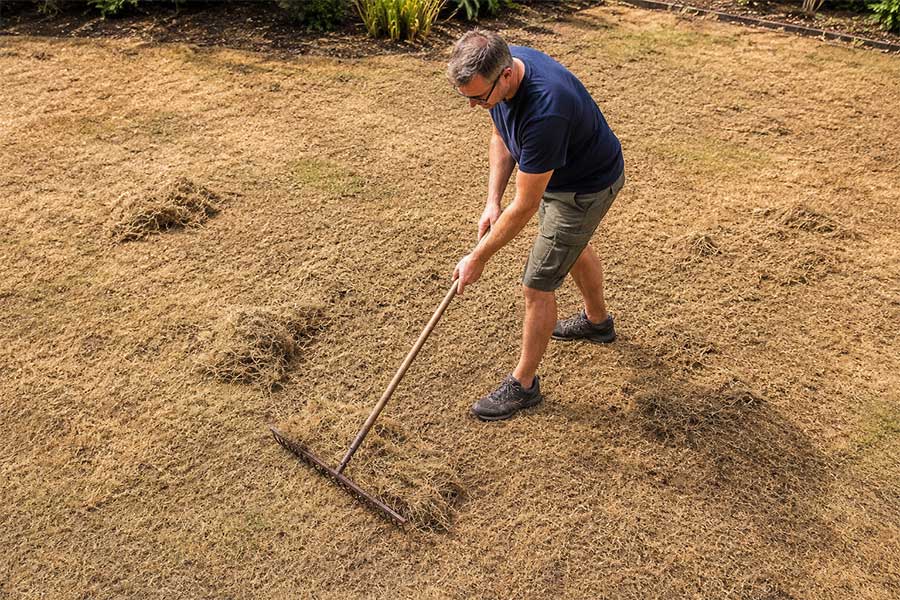 Removing thatch from a brown and dry lawn with a rake prior to repairing it