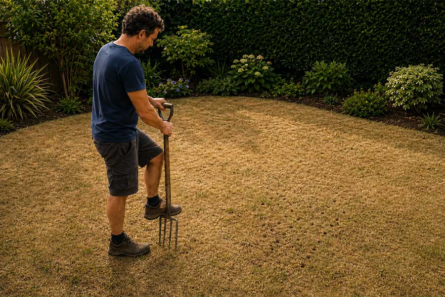 Gardener aerating a dry and brown lawn with a garden fork