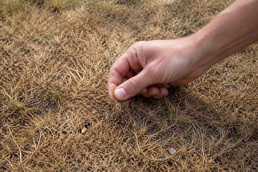 Testing a brown and dry lawn but hand to see if the grass is dead or simply dormant
