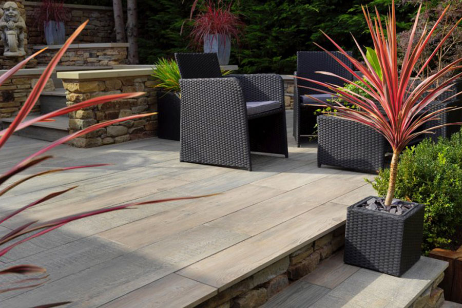 Pavestone Deck Wood porcelain paving is a great alternative to timber decking