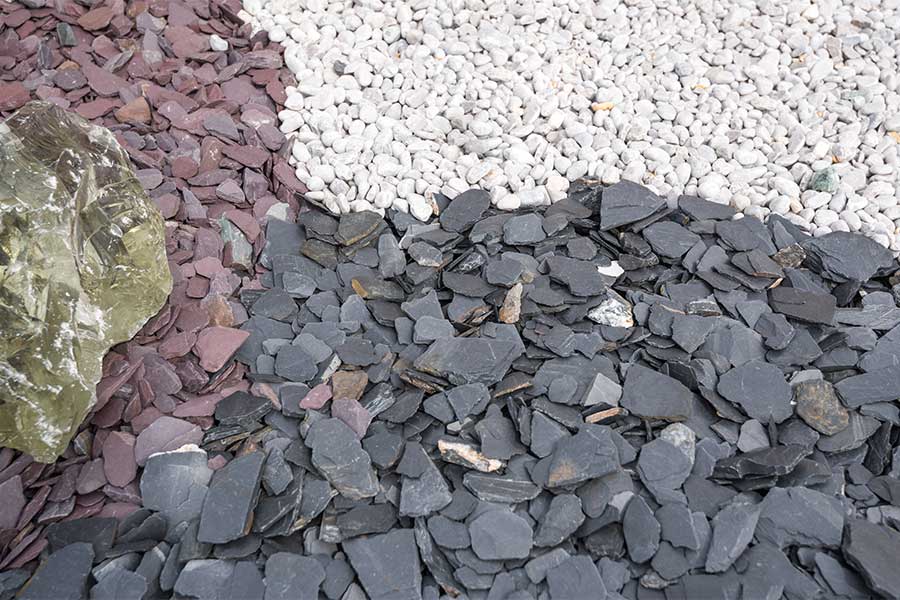 A selection of decorative aggregates used a cover for a garden flower bed