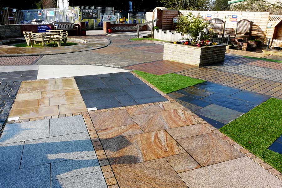 Display garden featuring paving and landscaping products at a branch of AWBS