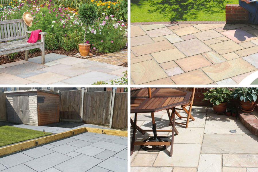 Four patios featuring Global Stone 570 Series natural stone paving slabs
