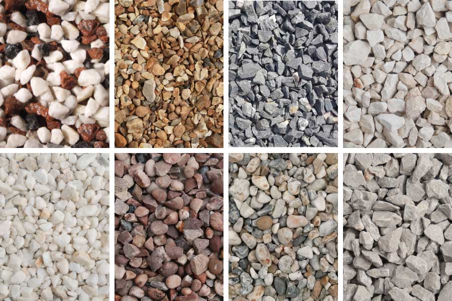 Examples of decorative gravel stones in different colours and sizes