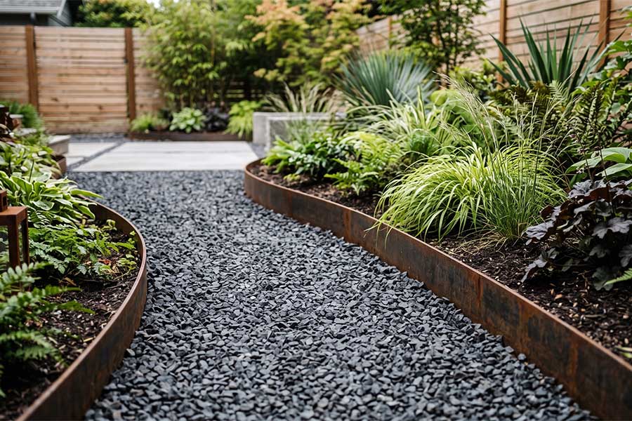 A gravel garden path with corten steel edging
