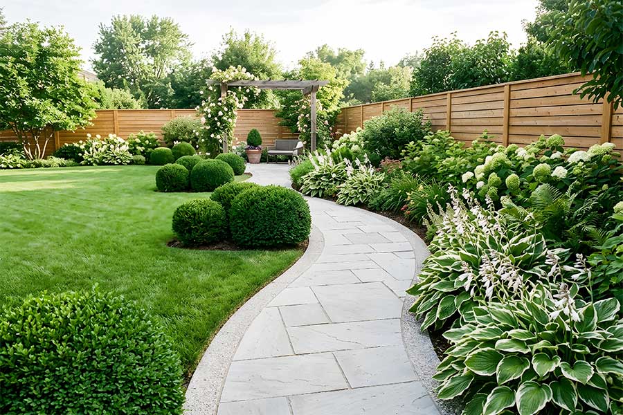 Lovely curved natural stone paved garden path leading to a sunny seating area