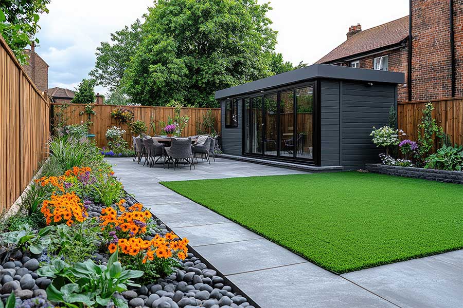 Modern garden with a matching paved path joining two patios