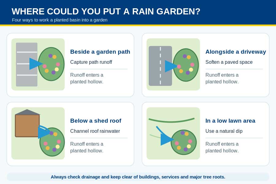 Illustrated layout showing rain garden locations by a path, driveway, shed roof or low lawn -ai generated graphic