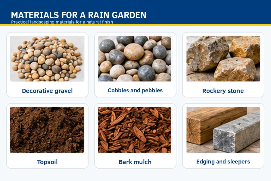Graphic showing decorative gravel, cobbles, rockery stone, topsoil, mulch and edging sleepers - ai generated graphic
