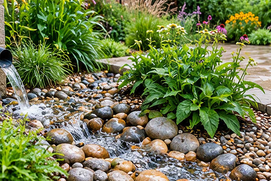 Decorative cobble and gravel inlet planted with moisture tolerant flowers and shrubs -ai generated image