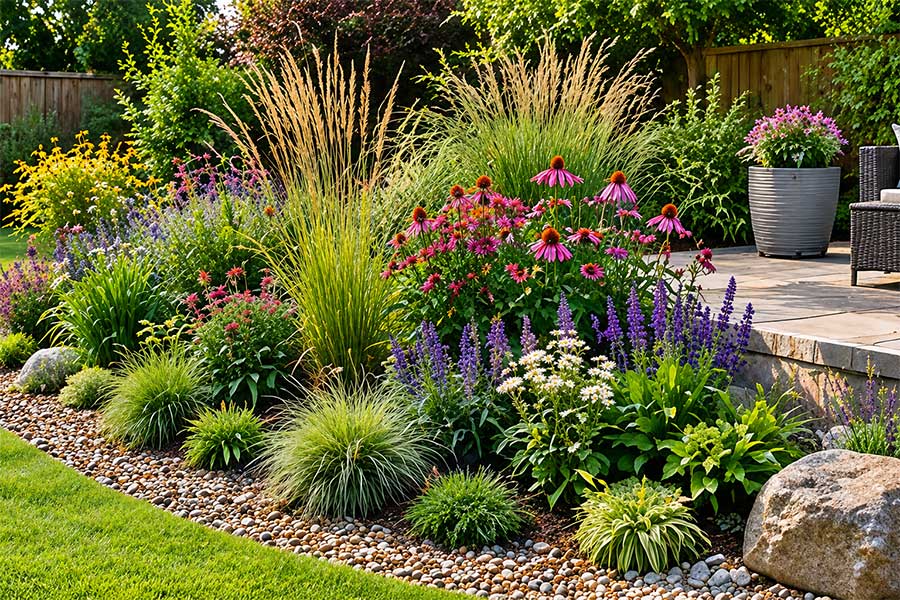 Attractive planted rain garden with decorative gravel, natural stone, colourful flowers and ornamental grasses.