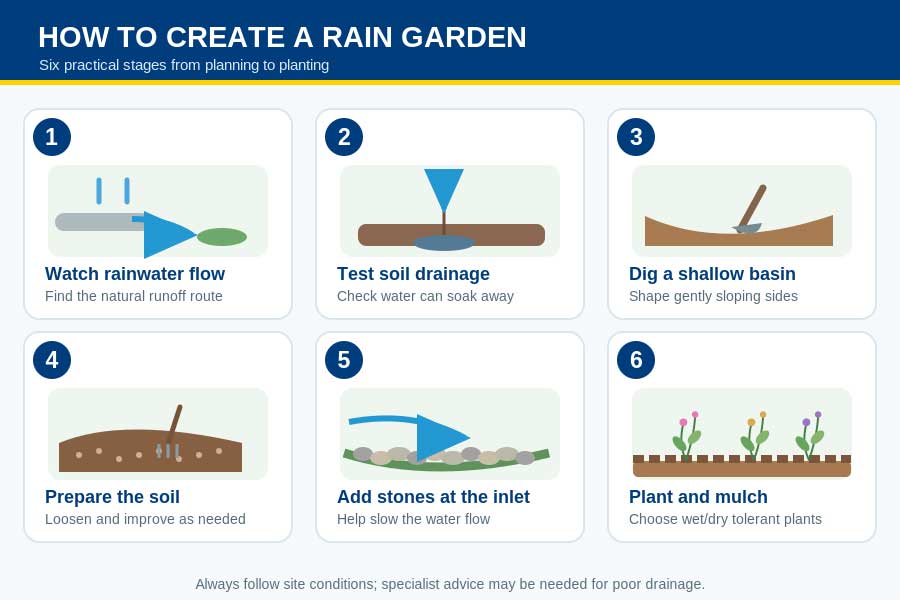 Six step infographic explaining site selection, drainage testing, excavation, soil, gravel and planting - ai generated graphic