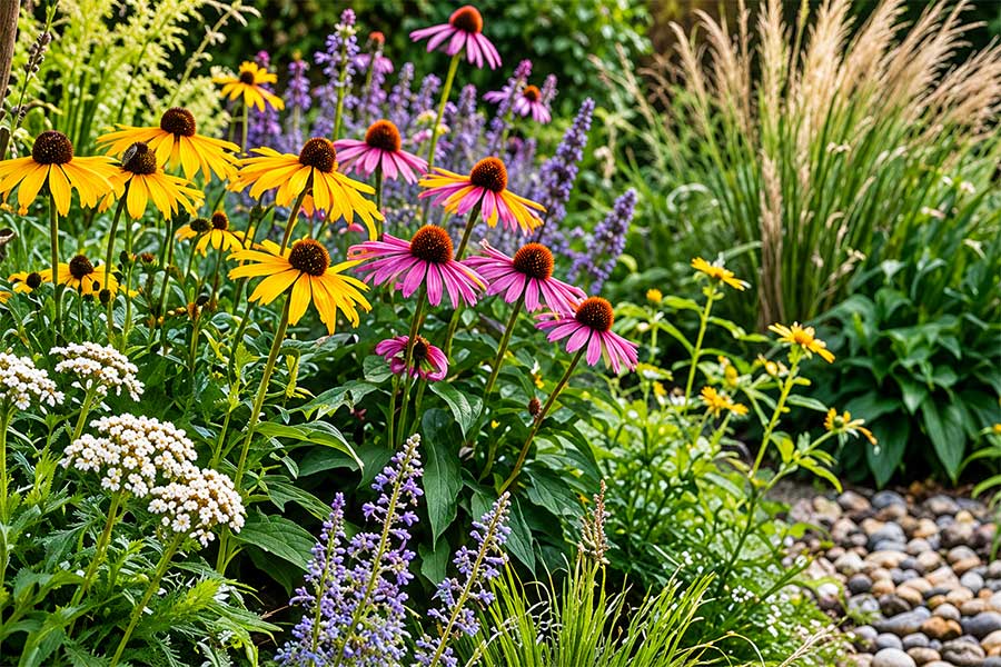 Colourful flowering perennials and ornamental grasses with decorative cobbles in a rain garden - ai generated image