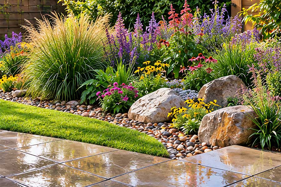 Curving landscaped rain garden border with flowering perennials, rockery stone and decorative gravel -ai generated image