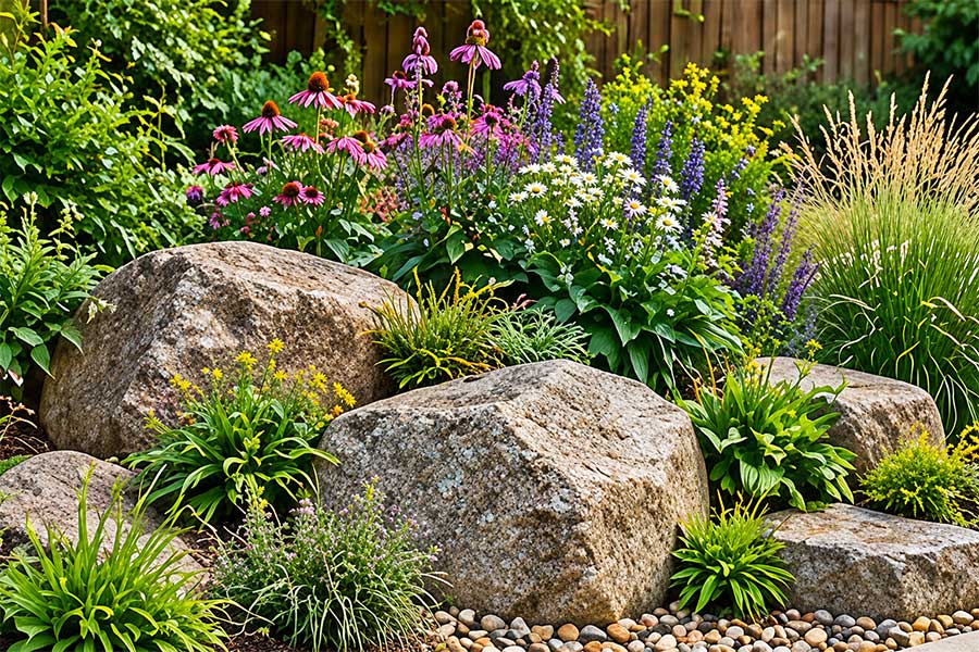 Large natural boulders and gravel set among ornamental grasses and flowering plants.
