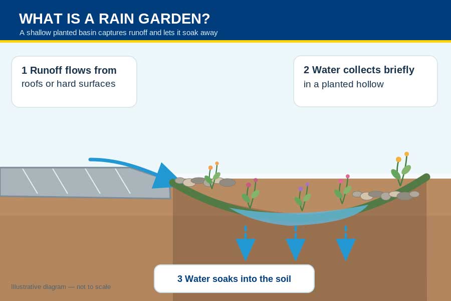 Diagram showing rainwater runoff from a paved surface entering a shallow planted rain garden and soaking into soil - ai generated graphic