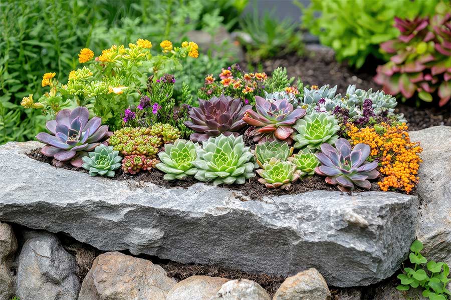 A selection of lovely small alpine plants in a rockery garden