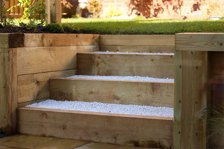 Attractive garden steps created with wooden garden sleepers