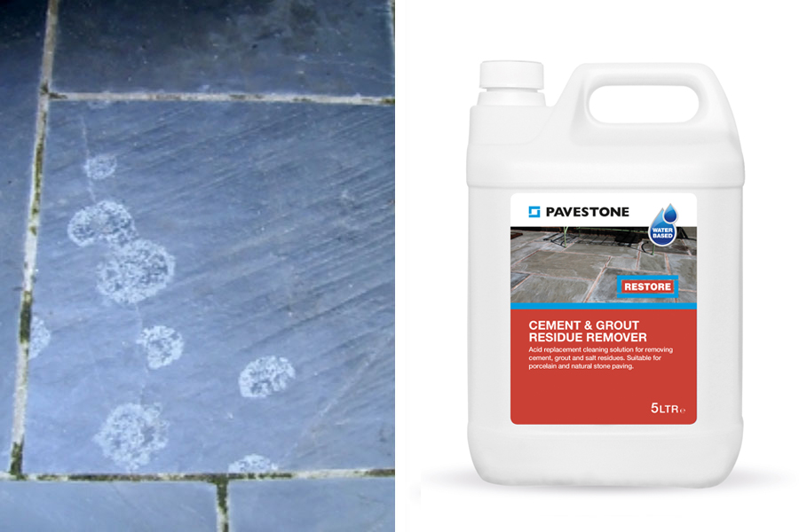 Pavestone Cement & Grout Residue Remover may be used to remove white spots from slate paving slabs